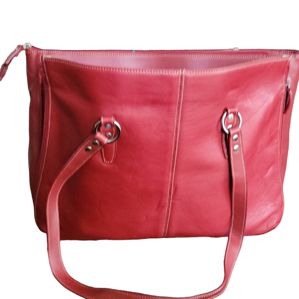 Red Leather Shoulder Bag Zip-Around Briefcase Tote, Tablet, Organizer